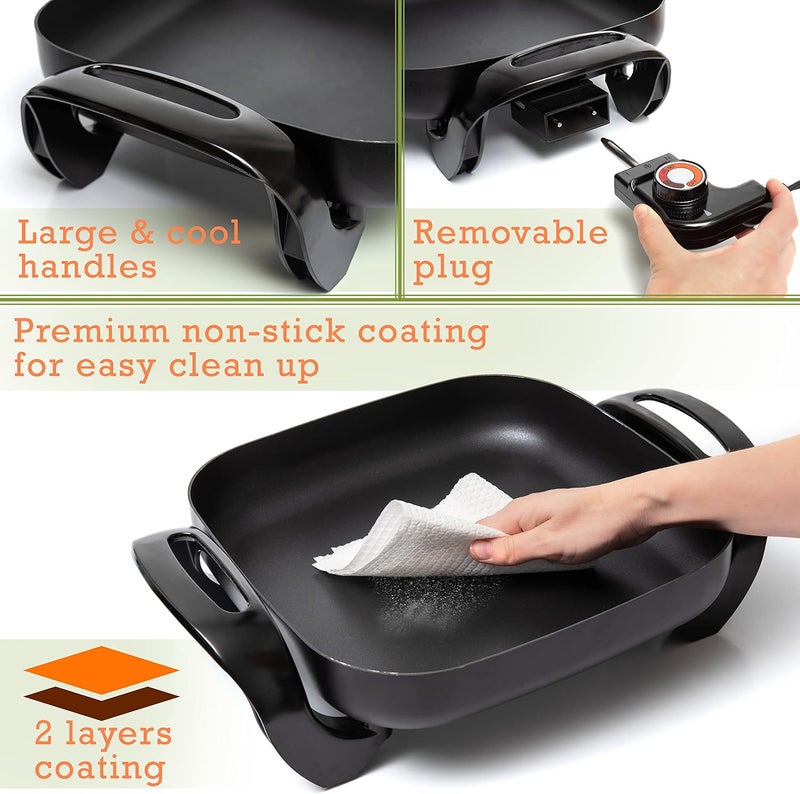 Moss & Stone Square Nonstick Electric Skillet With Lid, Aluminum 12x12 Inch Electric Frying Pan 5Qt, Nonstick Cooking Surface, Adjustable Temperature Control, Vented Glass Lid, Heat-Resistant Handle - Image 3